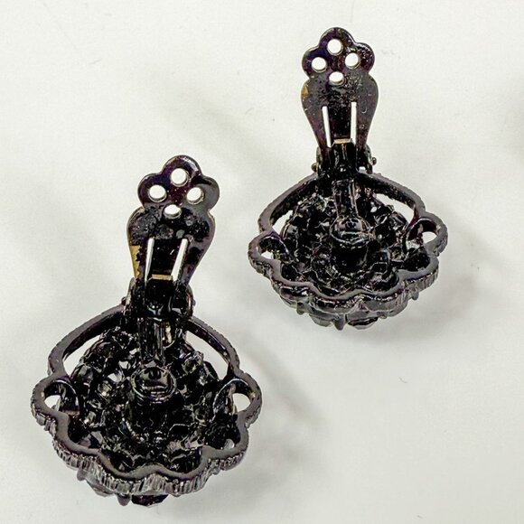 Weiss Black Pansy Rhinestone Brooch Clip-On Earrings Vintage Jewelry Set - Picture 4 of 7